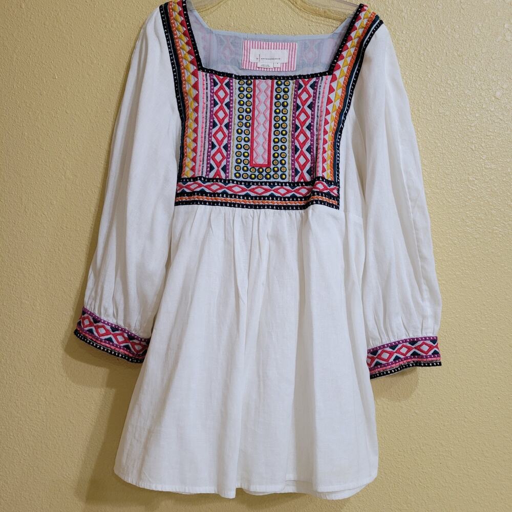 Anthropologie White Boho Indian Embroidered Peasant Tunic /Top Sz Small